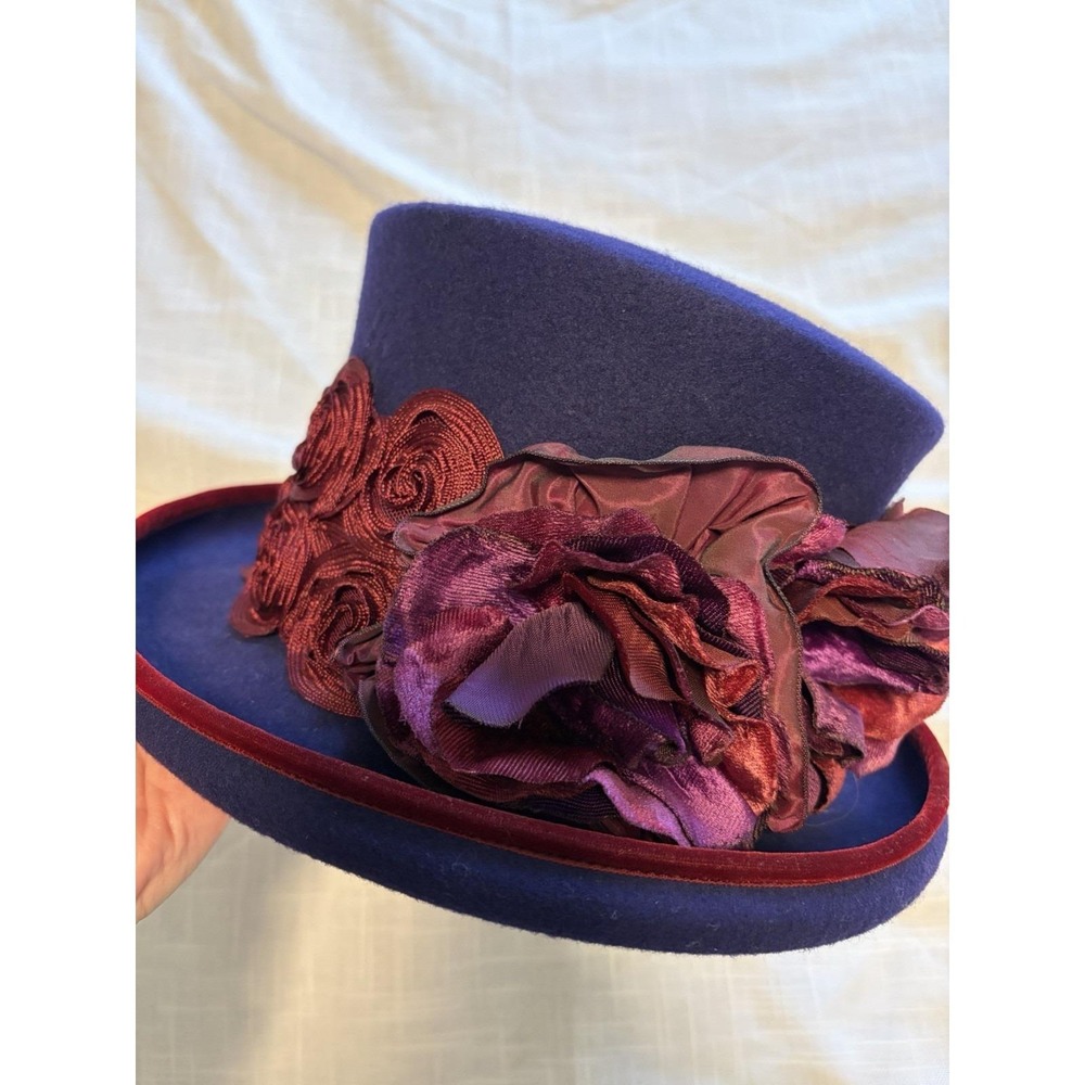 Vtg 80's Eric Javits NY Purple Wool Mad Hatter Hat~Womens~ Burgundy Flowers USA